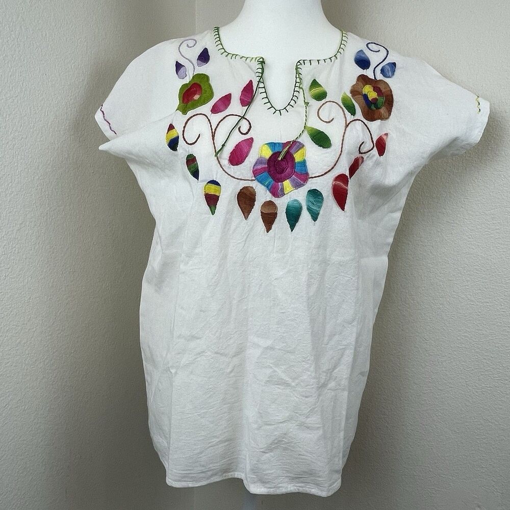 Women’s Handmade Mexican Boho White Floral Top Short Sleeve -S